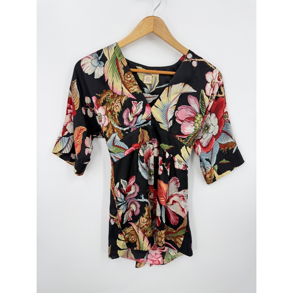 Gala Silk Floral Blouse Women Size S Black V-Neck Empire Waist Kimono Sleeve
